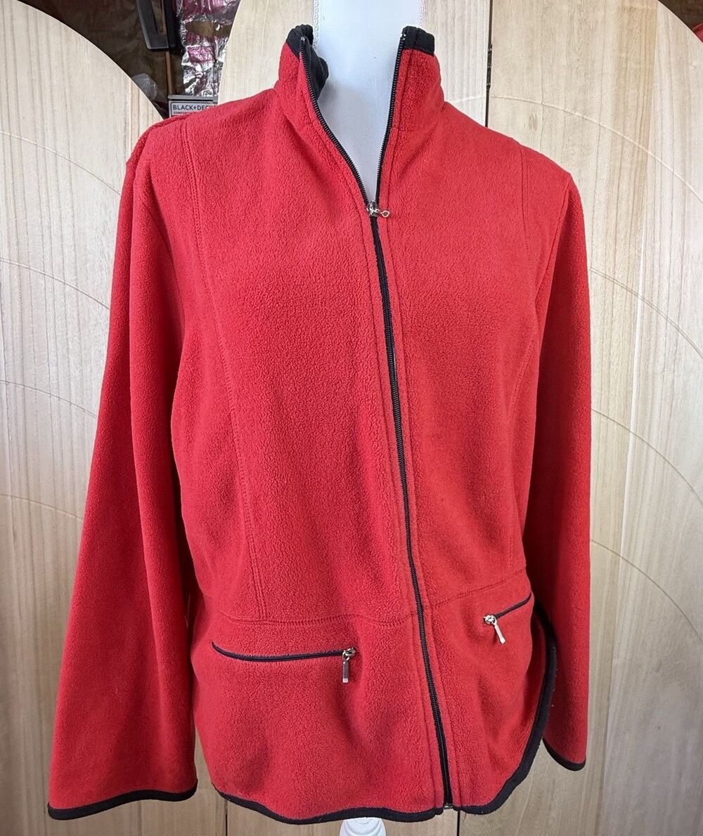 Jennifer Moore Women’s XL Red Fleece Jacket Full Zip Black Trim Zip Pockets